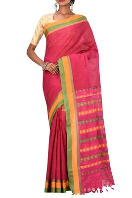 Dark Pink Bengal Handloom Pure Cotton Saree With Blouse 1