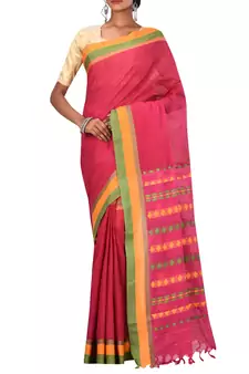Dark Pink Bengal Handloom Pure Cotton Saree With Blouse