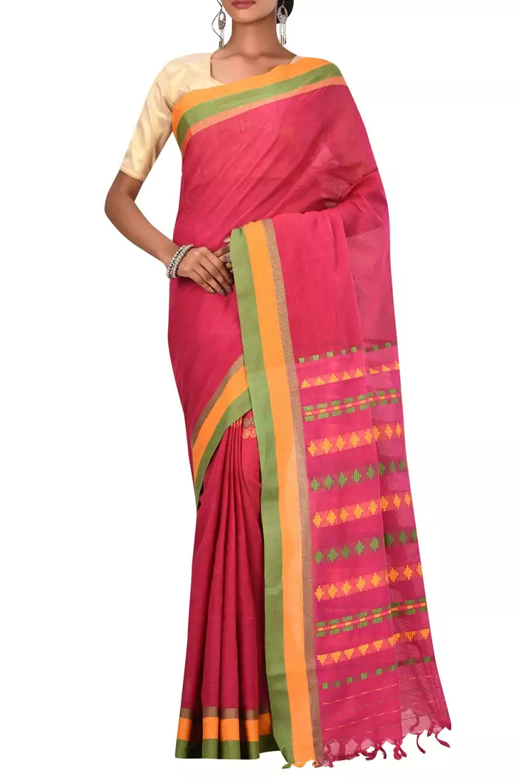 Dark Pink Bengal Handloom Pure Cotton Saree With Blouse