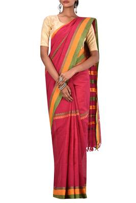 Dark Pink Bengal Handloom Pure Cotton Saree With Blouse 2