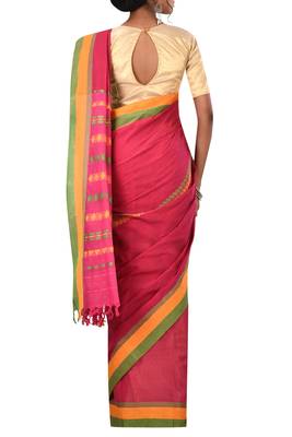 Dark Pink Bengal Handloom Pure Cotton Saree With Blouse 3