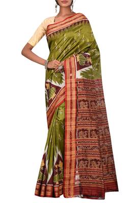 Olive Odisha Handloom Ikat Pure Silk Saree Without Blouse 1