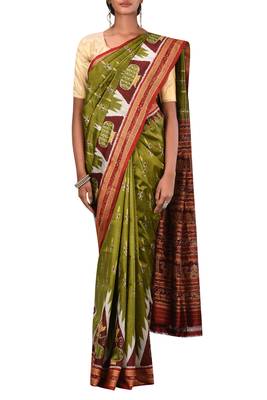 Olive Odisha Handloom Ikat Pure Silk Saree Without Blouse 2