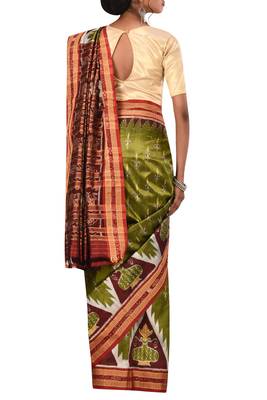 Olive Odisha Handloom Ikat Pure Silk Saree Without Blouse 3
