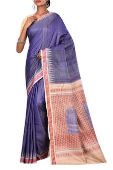 Indigo Odisha Handloom Ikat Pure Tussar Silk Saree With Blouse
