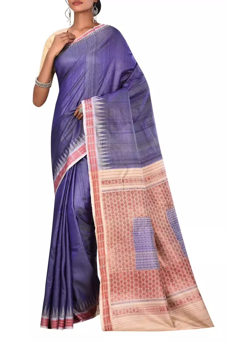 Indigo Odisha Handloom Ikat Pure Tussar Silk Saree With Blouse