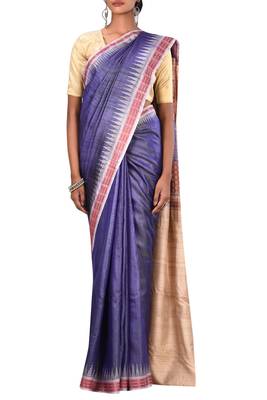 Indigo Odisha Handloom Ikat Pure Tussar Silk Saree With Blouse 2