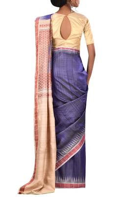 Indigo Odisha Handloom Ikat Pure Tussar Silk Saree With Blouse 3