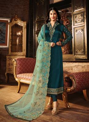 Dark-teal embroidered satin salwar 1