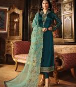 Dark-teal embroidered satin salwar