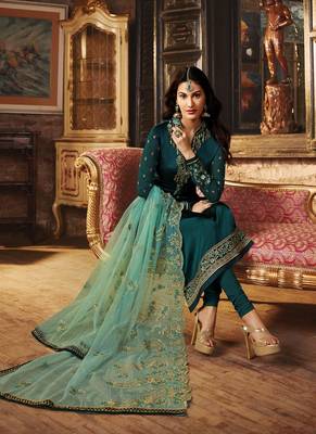 Dark-teal embroidered satin salwar 2