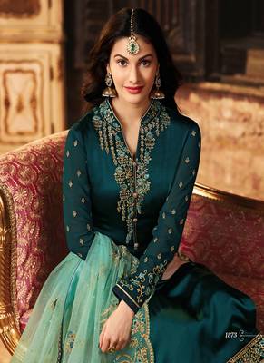 Dark-teal embroidered satin salwar 3
