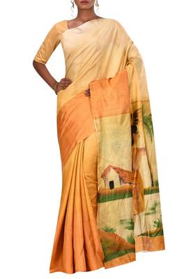Mustard Chhattisgarh Pure Silk Hand Painted Saree With Blouse 1
