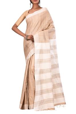 Beige Bhagalpuri Handloom Pure Tussar Silk Saree With Blouse 1