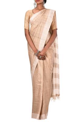 Beige Bhagalpuri Handloom Pure Tussar Silk Saree With Blouse 2