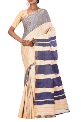 Beige Chhattisgarh Handloom Pure Tussar and Ghicha Silk Saree With Blouse 1