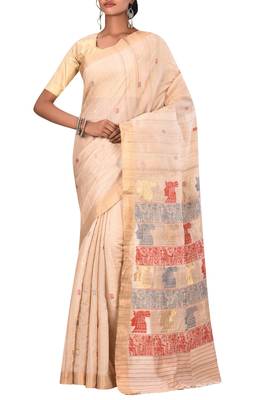 Beige Chhattisgarh Handloom Pure Tussar Silk Saree With Blouse 1