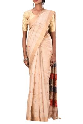 Beige Chhattisgarh Handloom Pure Tussar Silk Saree With Blouse 2