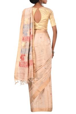 Beige Chhattisgarh Handloom Pure Tussar Silk Saree With Blouse 3