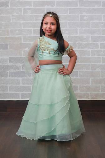 One Shoulder Aqua Lehnga