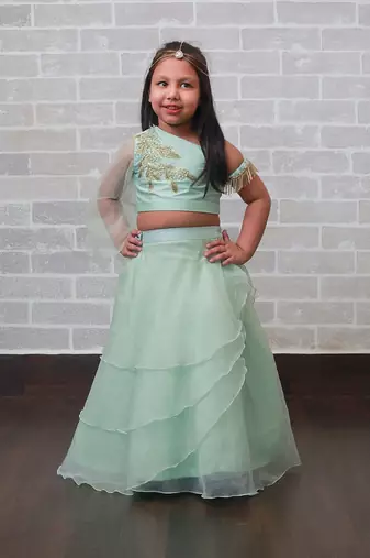 One Shoulder Aqua Lehnga