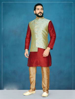 Red plain raw silk kurta pajama 1
