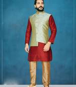 Red plain raw silk kurta pajama