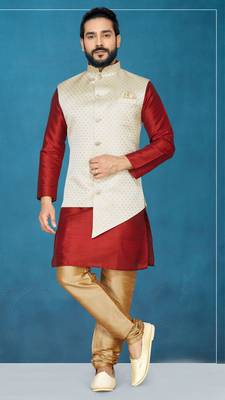 Red plain raw silk kurta pajama 1