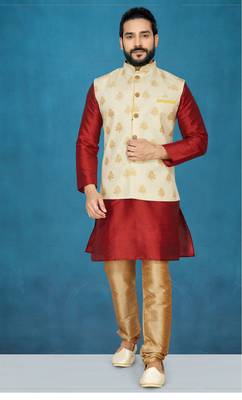 Red plain raw silk kurta pajama 1