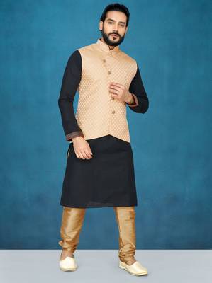 Black plain raw silk kurta pajama 1