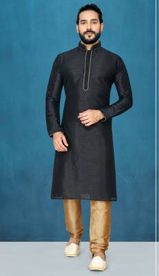 Black plain raw silk kurta pajama 1