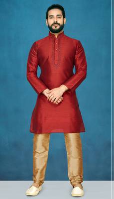Maroon plain raw silk kurta pajama 1