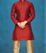 Maroon plain raw silk kurta pajama