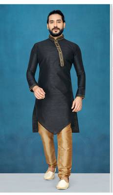 Black plain raw silk kurta pajama 1