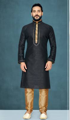 Black plain raw silk kurta pajama 1