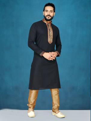 Black plain raw silk kurta pajama 1