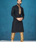 Black plain raw silk kurta pajama