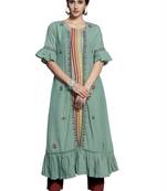 Sea-Green Embroidered Crepe Ethnic-Kurtis