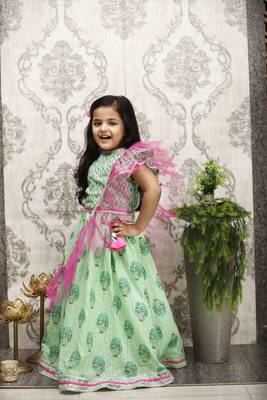 Frilly Cute Green Pink Lehenga Set 1
