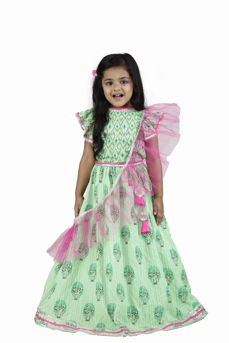 Frilly Cute Green Pink Lehenga Set