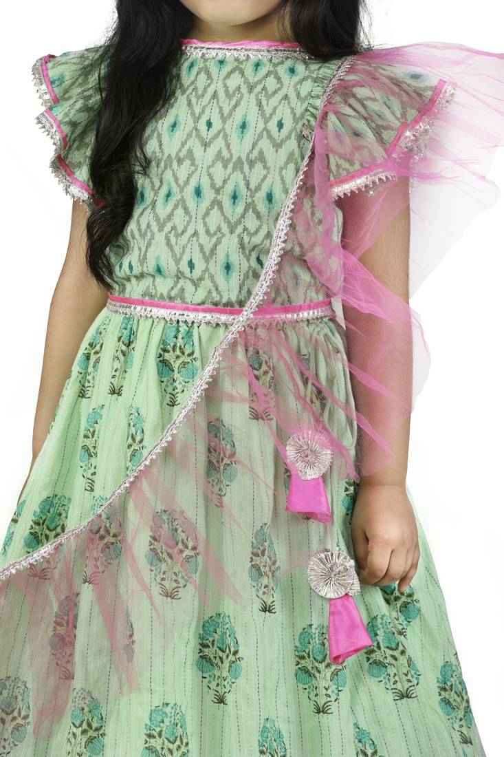Frilly Cute Green Pink Lehenga Set
