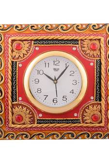 Wooden Papier Mache Red Stone Studded Artistic Handcrafted Wall Clock