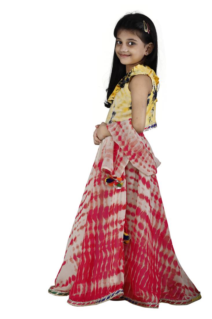 Yellow Red Tie n Dye pom pom Lehenga Set