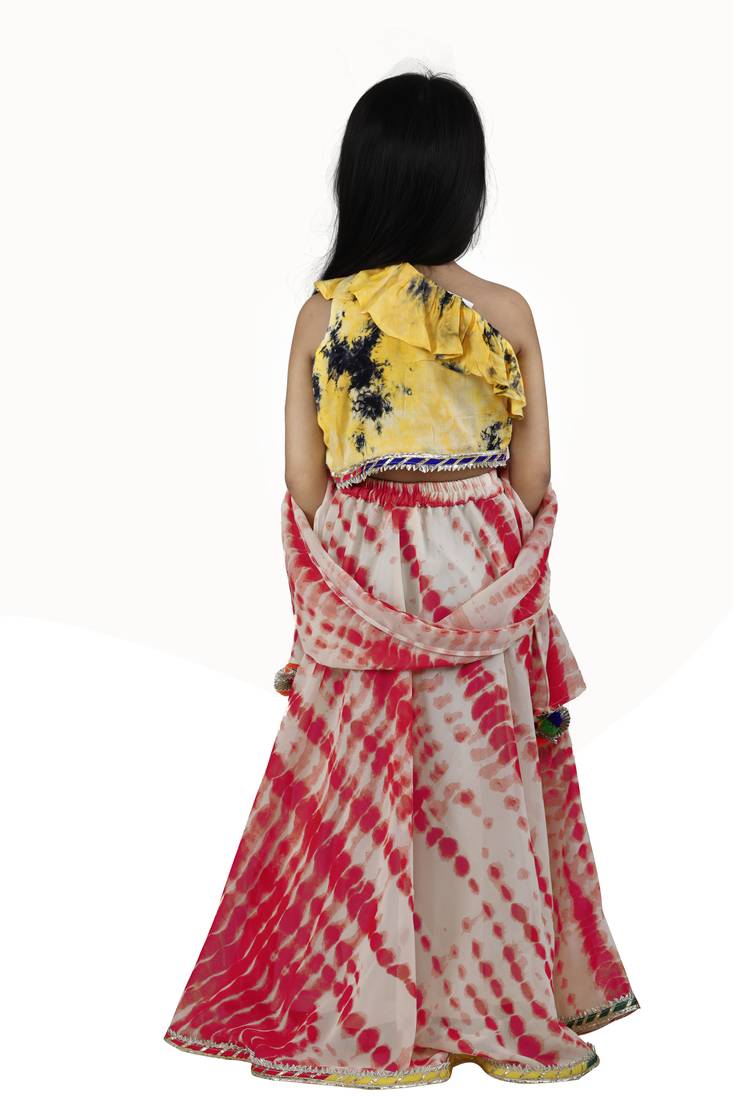 Yellow Red Tie n Dye pom pom Lehenga Set