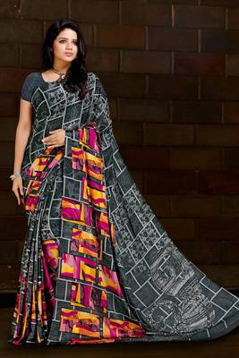Grey printed satin saree with blouse 1