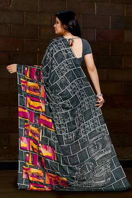 Grey printed satin saree with blouse 2