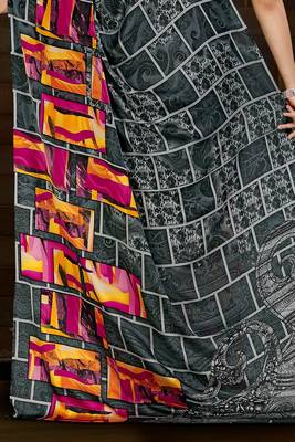 Grey printed satin saree with blouse 3