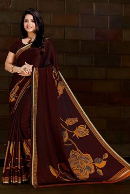 Coffee printed satin saree with blouse 1