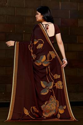 Coffee printed satin saree with blouse 2
