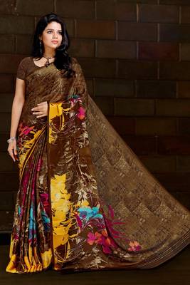 Brown printed satin saree with blouse 1